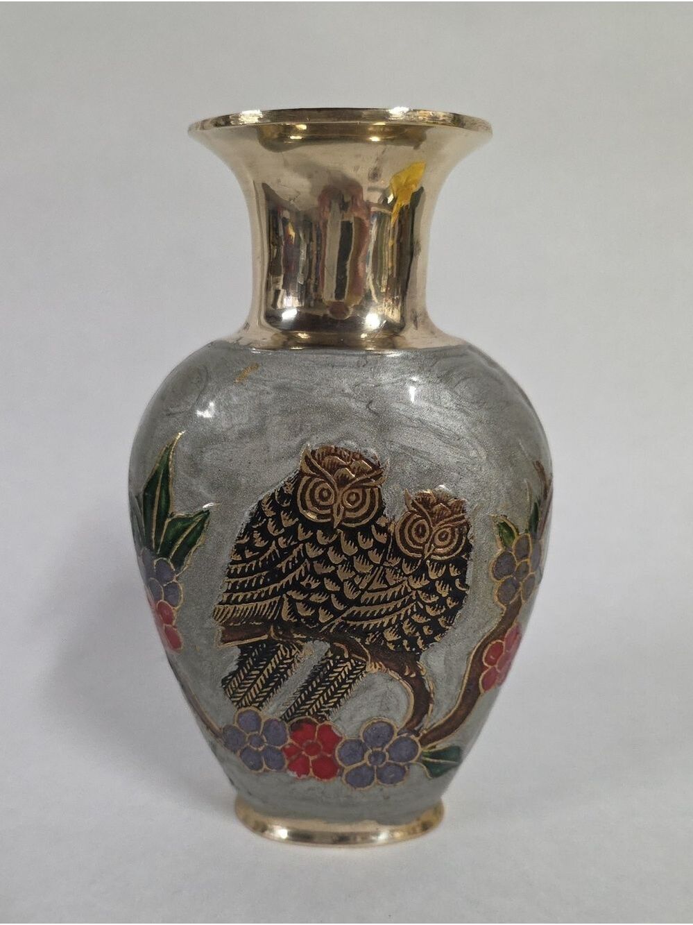 Vintage Cloisonne Brass Enameled Silver-Gray Metal Bud Vase w/Embossed Owls
